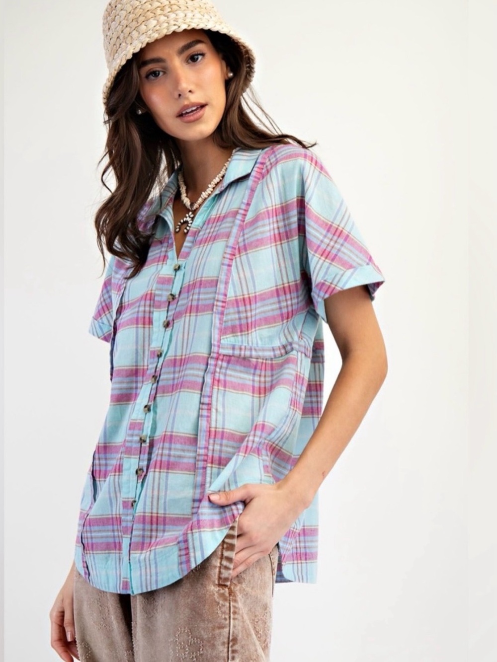 Easel Light Blue and Pink Plaid Button-Down Shirt Size Large NWT